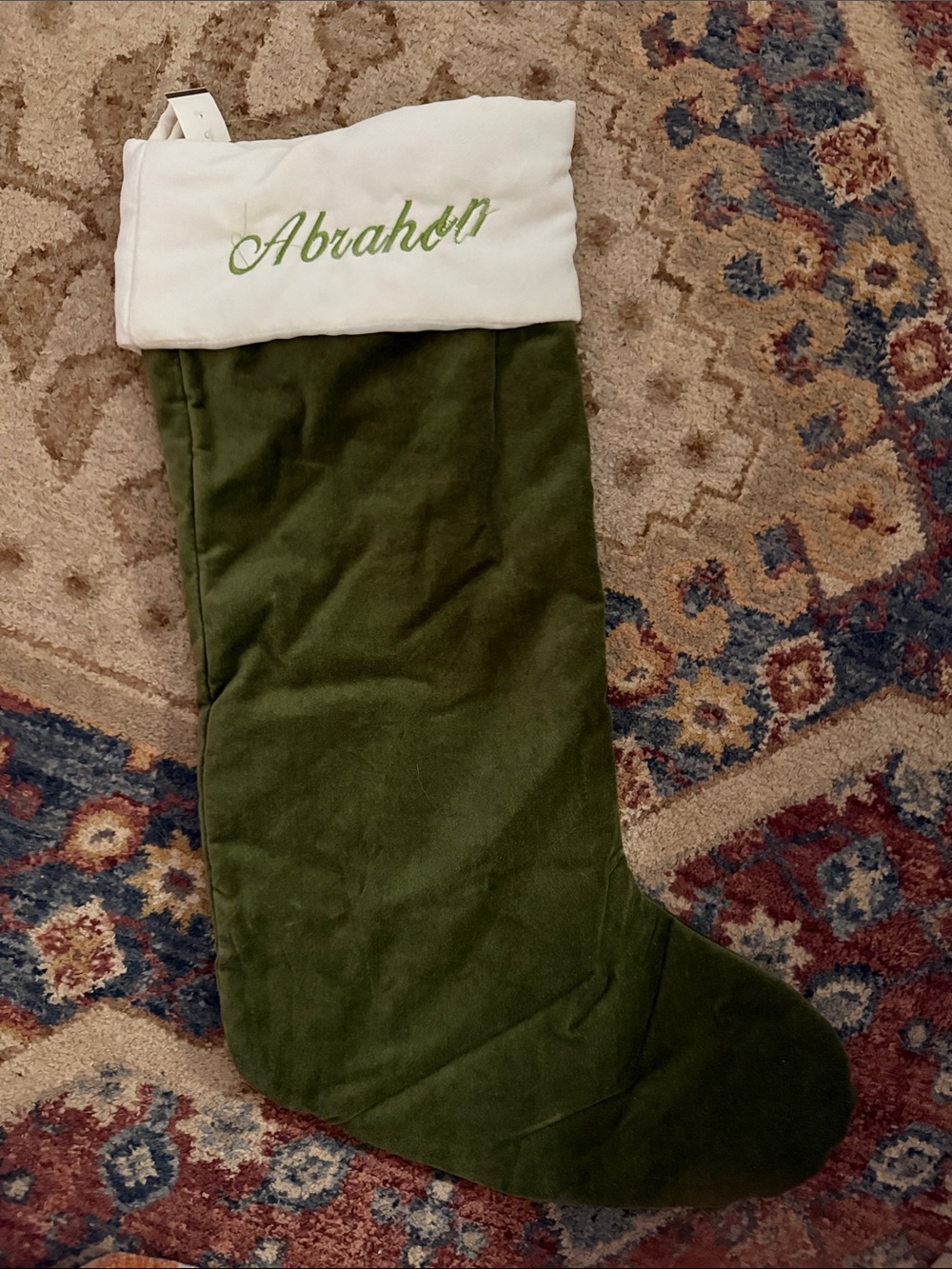 Pottery Barn Olive Green Velvet Stocking with Cream Lining